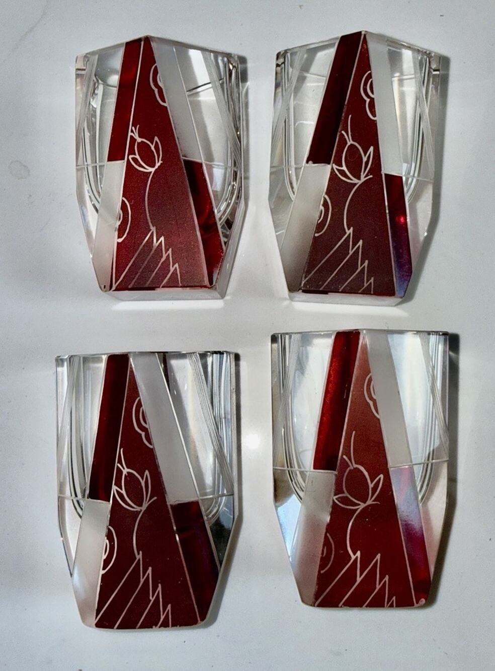 Antique cut to clear crystal Moser Czech Bohemian red Deco Shot glass Set Of 4